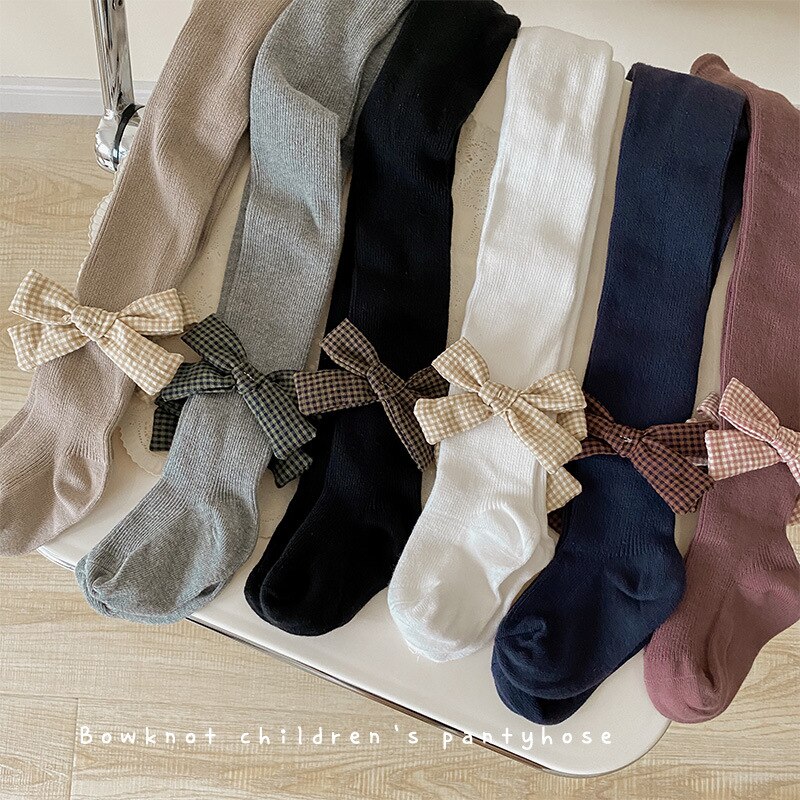 Meia-calça infantil de algodão, calça legging branca de outono com dupla agulha xadrez e laço para meninas