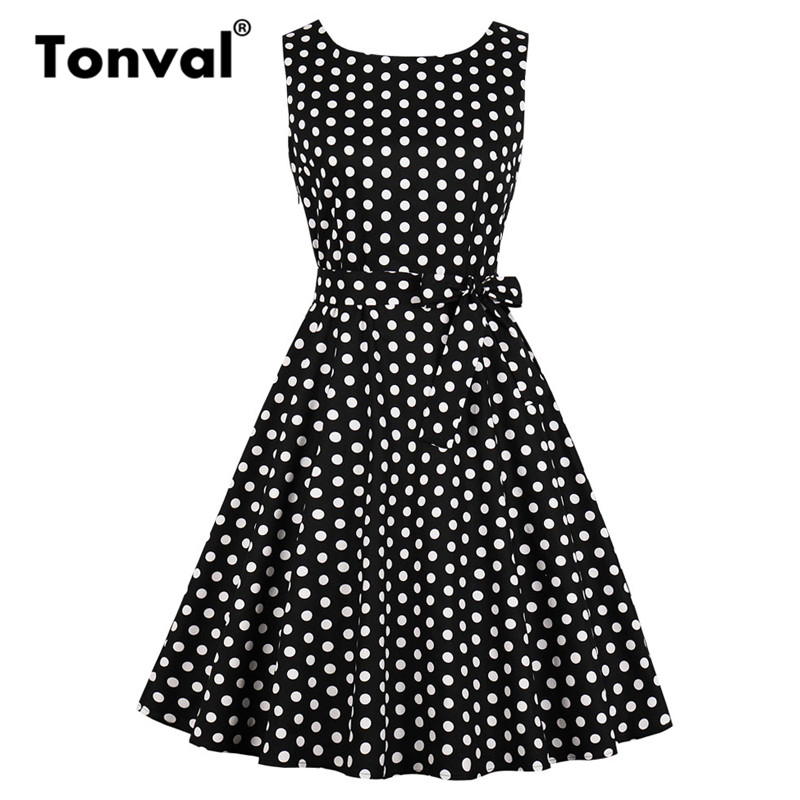 Tonval czerwony Rockabilly V-z powrotem Polka Dot Retro sukienka w stylu Vintage kobiety lato bez rękawów z paskiem bawełniane biuro linia sukienki: Black / S