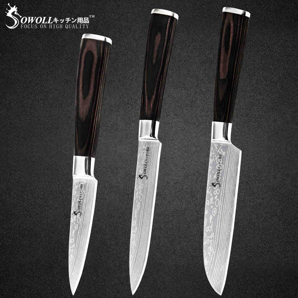 Sowoll Stainless Steel Cooking Knife Damascus Pattern Blade Chef Slicing Santoku Utility Paring Knife Camping Cooking Tools: F.3PCS SET
