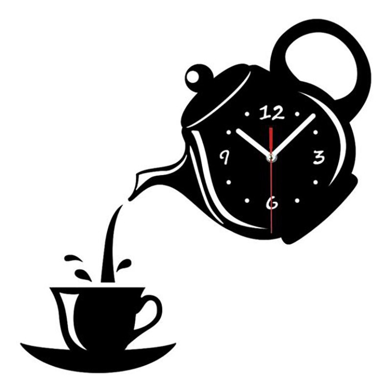 Taza de acrílico para café, tetera, 3D Reloj de pared, relojes decorativos de pared de cocina, reloj de decoración para el hogar, Relojes de pared de cocina, sala de estar: Black