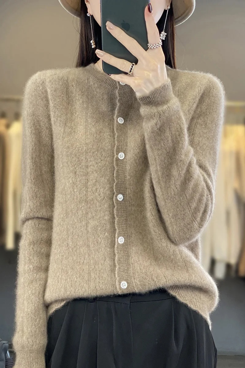 100% cárdigan abierto suelto de lana pura para mujer Otoño Invierno estilo ropa externa Top perezoso cuello redondo suéter de punto de manga larga