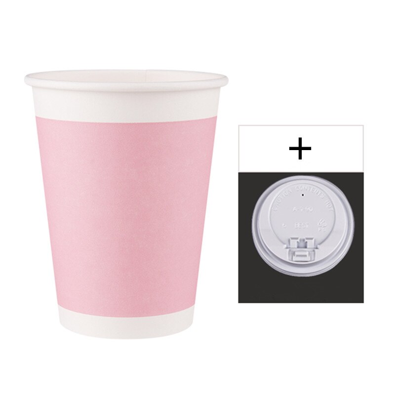 50pcs Pink thicken disposable coffee cup party wedding birthday favor drink paper cup cute takeaway packaging cups with lid: cup and lid