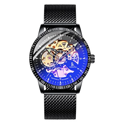 Ik färglägg herrklockor mesh flätat band i rostfritt stål automatisk mekanisk manlig klocka skelett steampunk relogio masculino: B4
