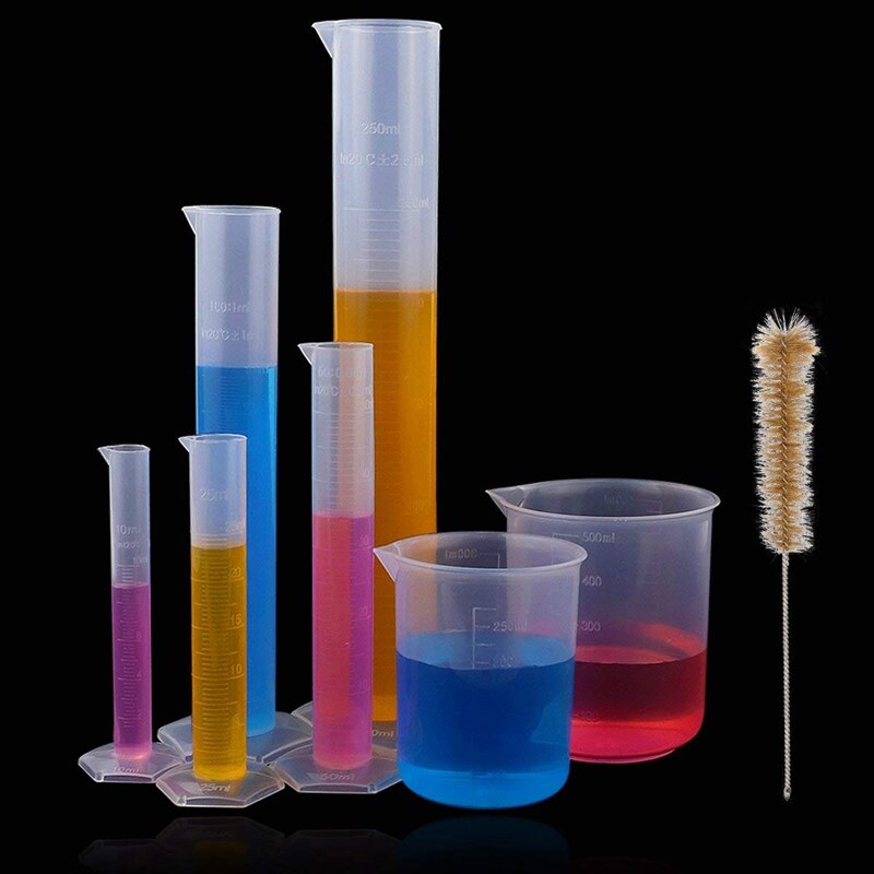 5 Pcs Clear Plastic Graduated Cylinder, 10, 25, 50, 100, 250ml, with 2 Plastic Beakers and 1 Cylinder Brush