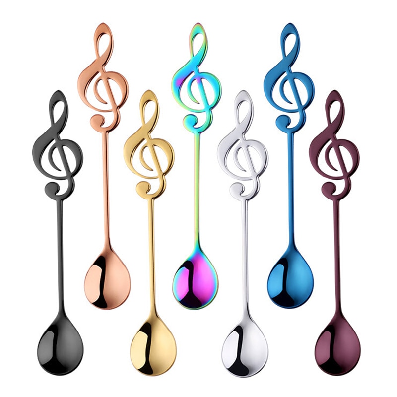 1PC Stainless Steel Music Shaped Coffee Spoon Teaspoon Dessert Snack Children Spoon Mini Spoons Tableware 7 Colors