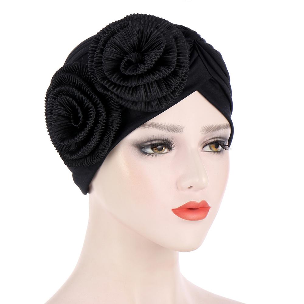 Arab Muslim Head Turban Hat Two Big Flower Appliques Indian Women Headscarf Party Caps Head Accessories TB-203: black