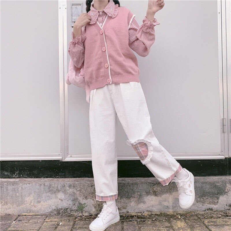 Qweek japansk kawaii pink fløjlsbukser kvinder blød pige plaid brede ben hvide bukser til kvindelig kærlighed hjerte patchwork sød