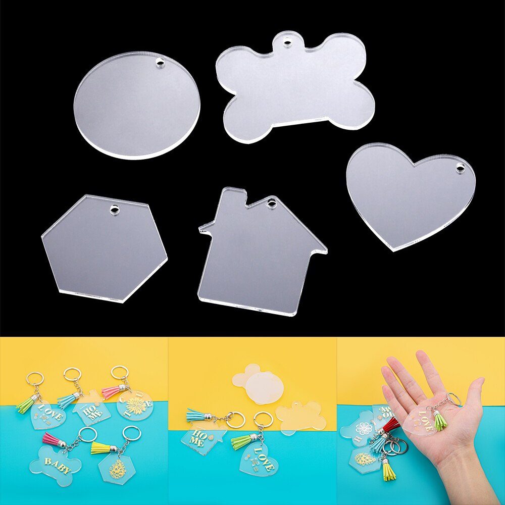 10Pcs/Lot Clear Acrylic Round Blank Keychain Pendants Heart Dog Bone Shape Discs Pet Hanging For DIY Jewelry Making Accessories
