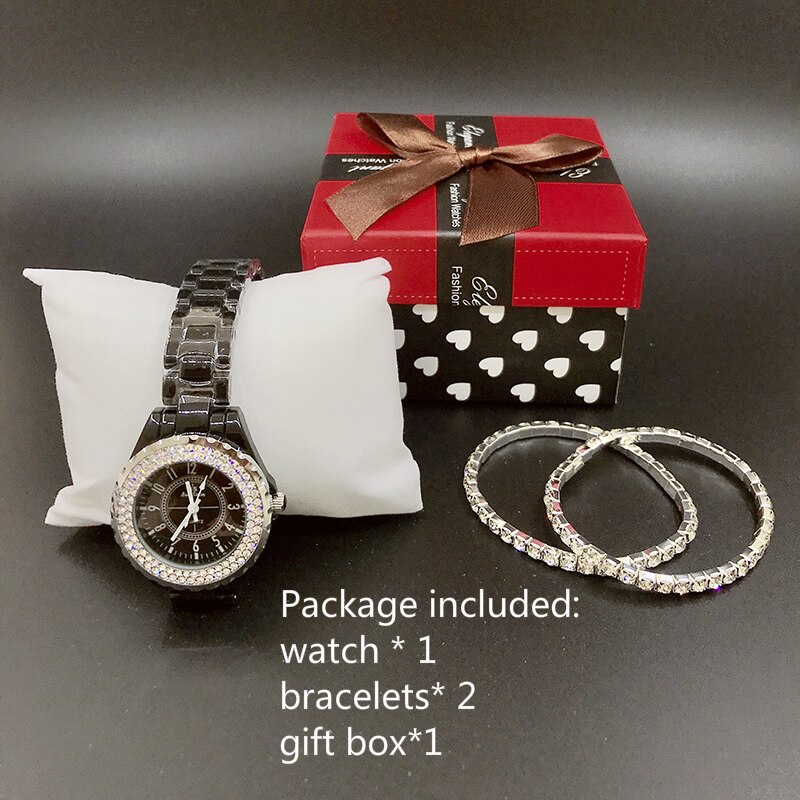 BS Luxury Ceramic Women Watch Crystal White Ladies Quartz Wristwatches Women Watches Ladies Wrist watches Female Clock: 1 set B