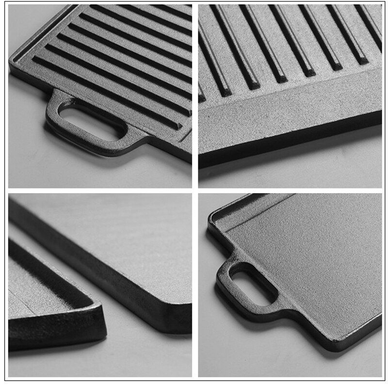 Rectangular Cast Iron Barbecue Plate Striped Roasting Pan Uncoated Double-Side Teppanyaki Meat Steak Grill BBQ Tool Accessories