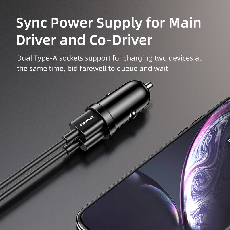 AWEI C-826 12W 2.4A Mini Phone Car Charger Dual USB Fast Charging Chip Protect Phone Battery