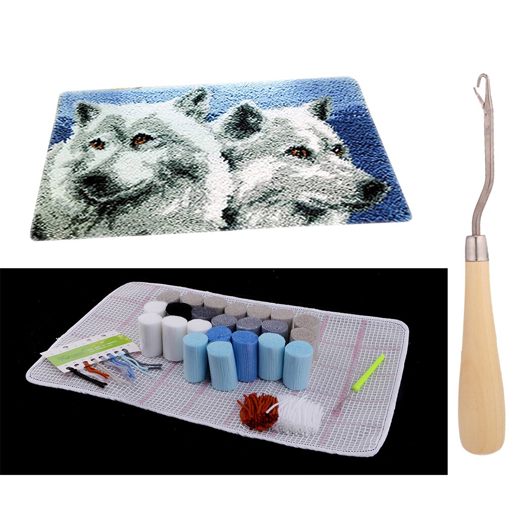 Two Wolf Latch Hook Rug Kit For Boys Embroidery Cushion Wooden Crochet Hook