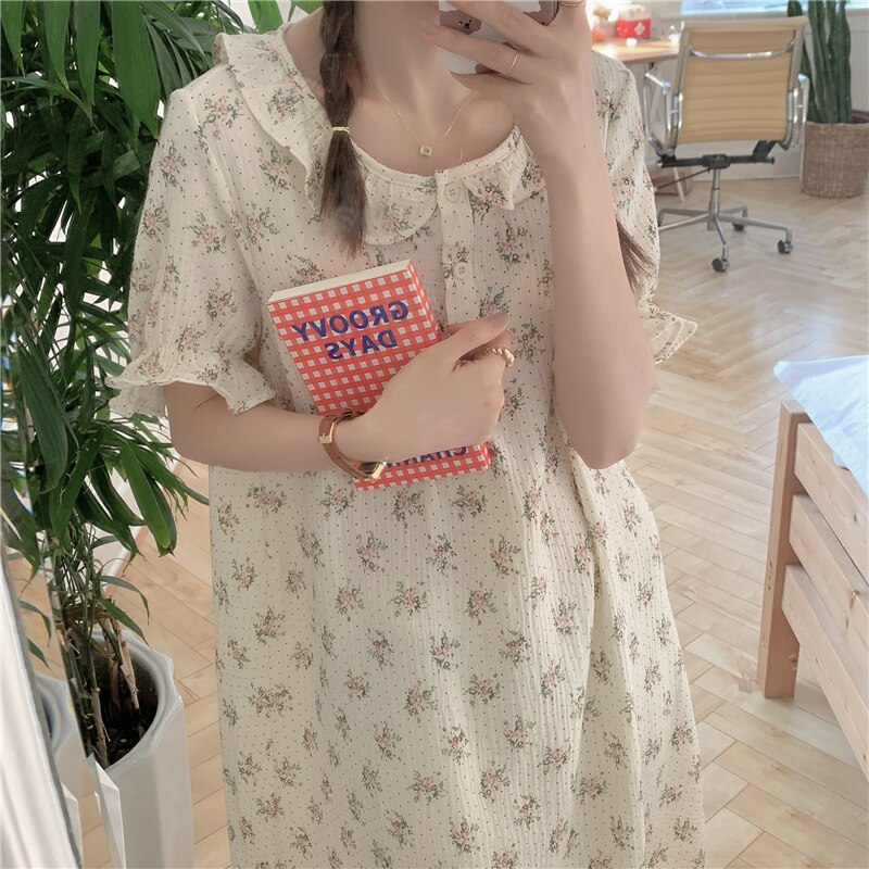 Korte Mouwen Zomer Nachtjapon Vrouwen Slapen Jurk Bloemenprint Crêpe Katoen Nachthemd Comfortabele Leuke Nachthemd 2022 D138