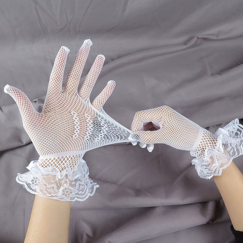 Ladies Short Lace Gloves Maid Sheer Fishn Net Black White Prom Tea Party Gloves Female&#39;s Fashionable Mittens for Women