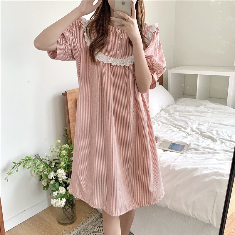 Alien Kitty Sweet Princess Comfortable Chic Casual Homewear Lace Summer Sleepwear Striped Dress Pajamas Loose Nightdress: red
