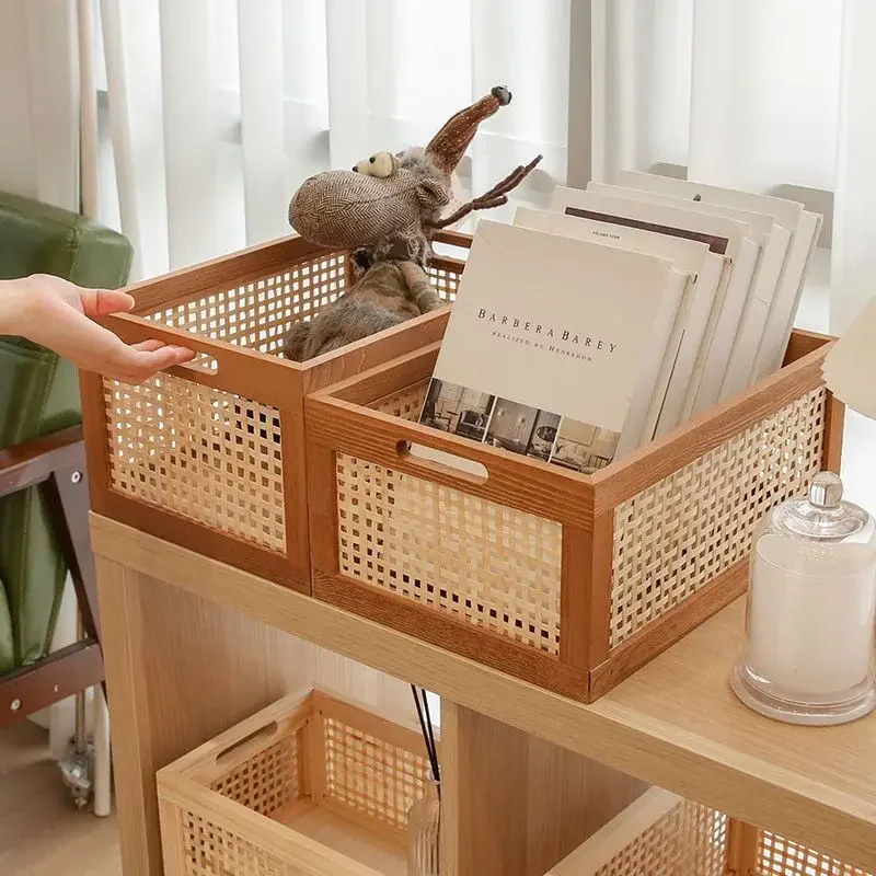 Retro Opbevaringskasse i Massivt Træ - Rattan Kurv til Bøger, Snacks, Kosmetik - Organizer til Hjem, Badeværelse, Køkken