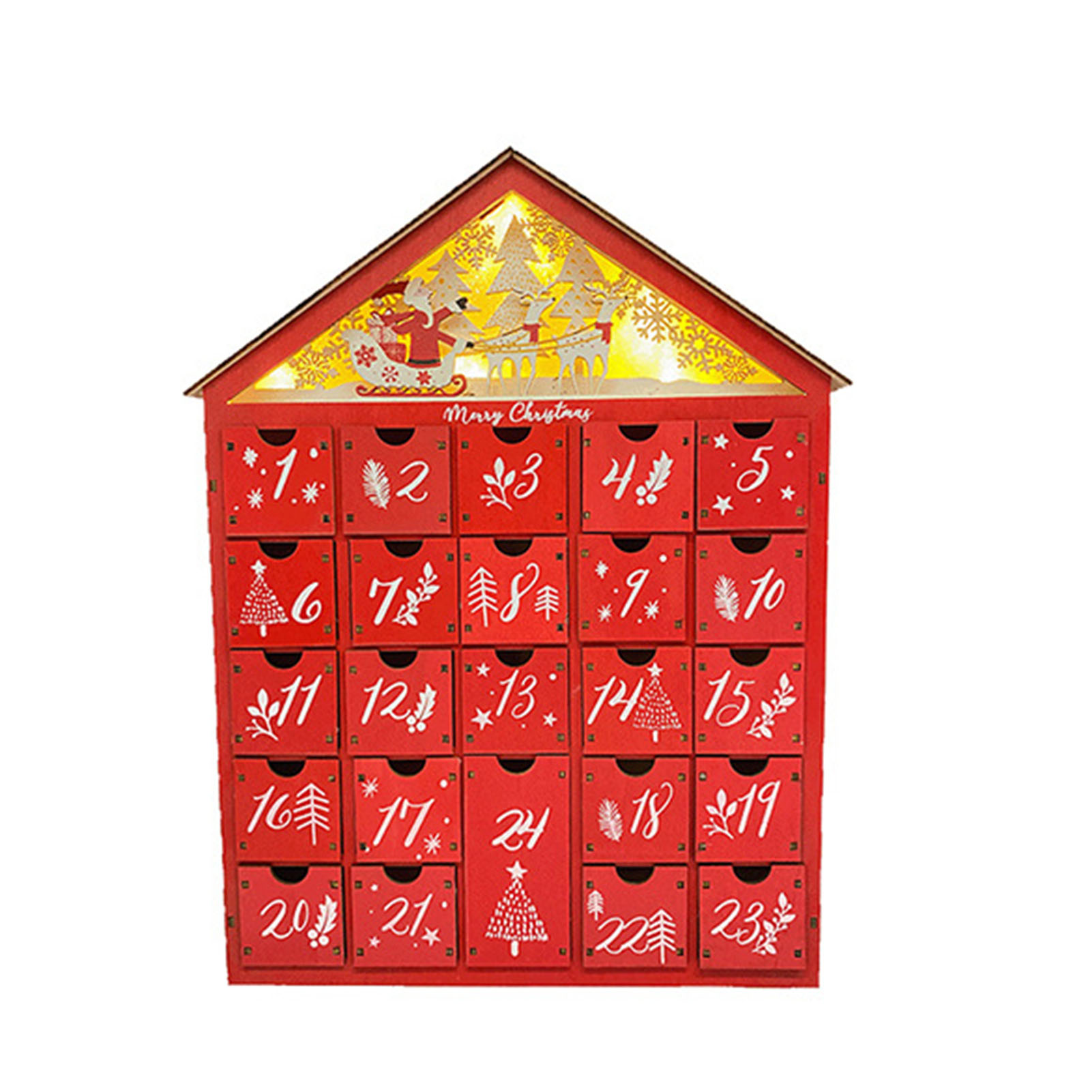 Skapelser träjul adventskalender husformad kalenderlåda julgransprydnad nedräkning till jul led-ljuskalender