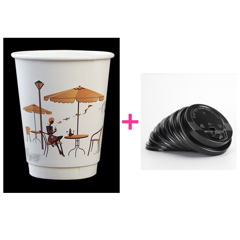 50 stuks wegwerpbekers van dik, hol, isolerend, dubbellaags, koffiebekers, witte drankverpakkingen met deksel: Beker en zwart deksel / 400ml 12oz 50 stuks