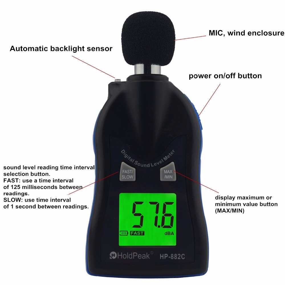 HoldPeak HP-882C Sound Level Meter Digital Noise Tester LCD Screen Voice Describe Meter Multimeter Monitor Pressure Tester
