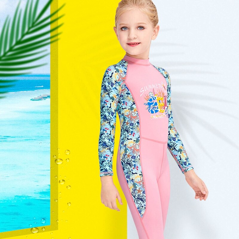 One-piece Kids Swimwears Diving Suits Long Sleeves Girls Surfing Diving Jumpsuits Children Rash Guards Snorkel