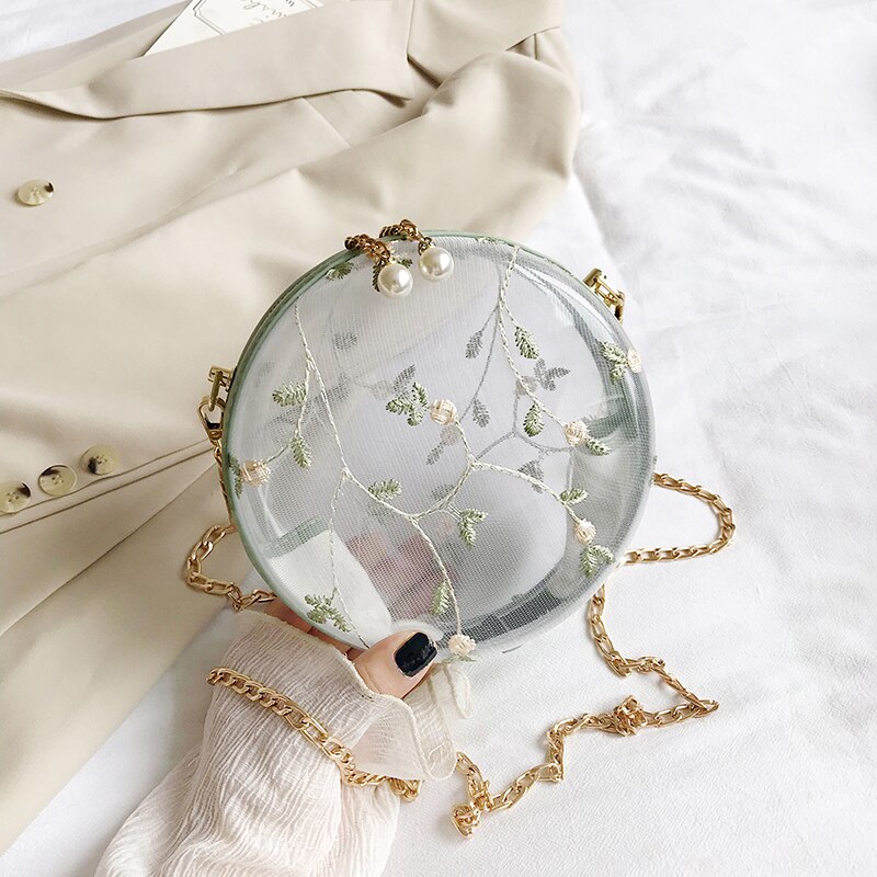 Transparente Runde Umhängetasche - Floral PVC - Perlen & Ketten Deko - Einzelner Riem - Lady Stil: 18 cm Grün