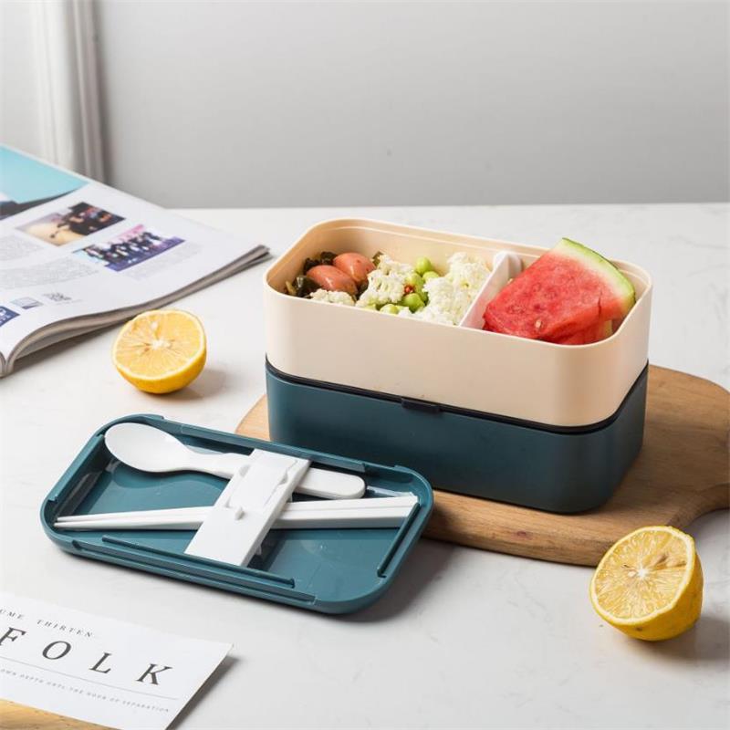 1000ml Portable 2 Layers Bento Box Food Container Plastic Leakproof Keep Warm Lunch Box Microwave Food Storage Box With Spoons