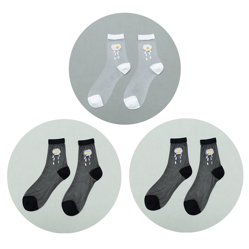 3 paia di calze floreali da donna calze estive in cristallo di cristallo calze elastiche Jacquard trasparenti sottili a tubo corto medio: Argento