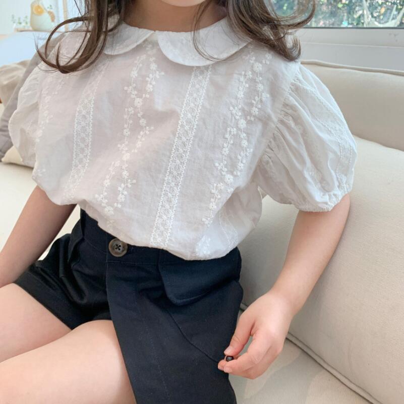 Blusa de encaje blanca para niñas, camisa de manga corta con farol para bebés, Verano
