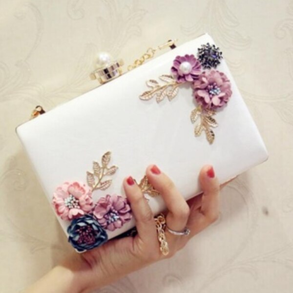 Dames leren avondtas, diner, feest, bruiloft, bloemen clutch (wit)