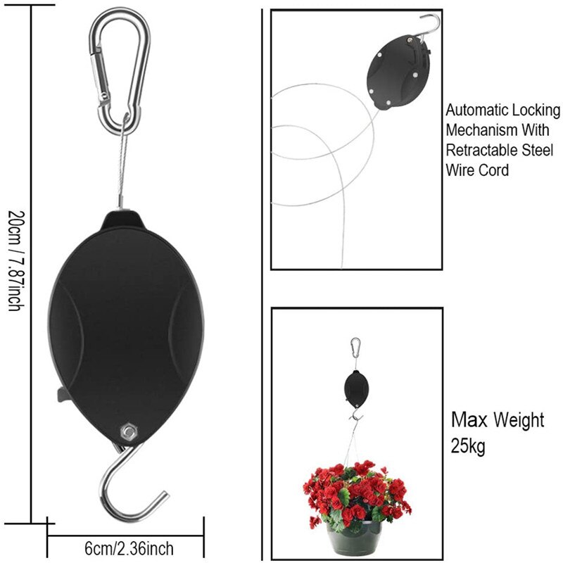1/2 Uds polea de la planta, colgador retráctil, plantador colgante, maceta, cesta de flores, ganchos, negro y en venta