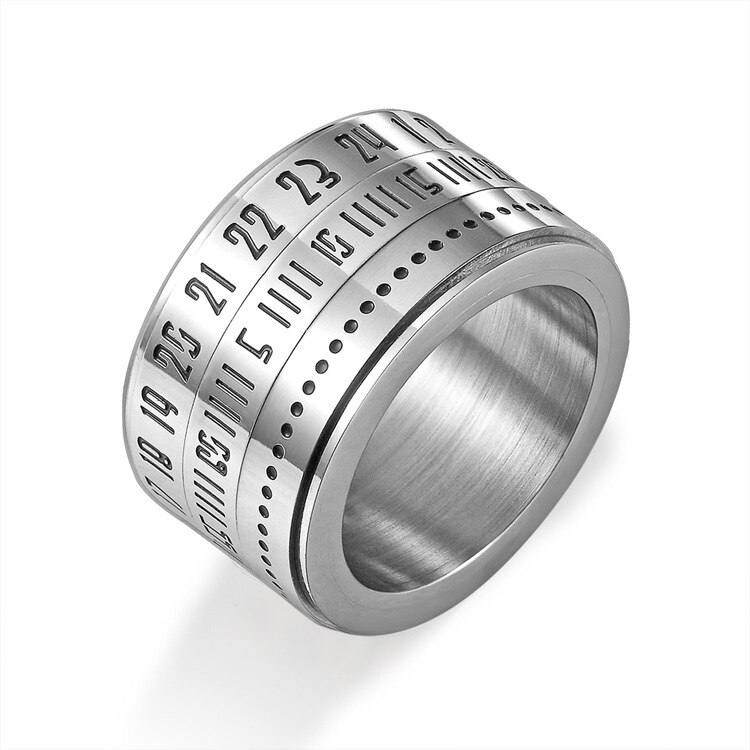 Silver Color 14MM Wide Rome Number Spinner Rotate 316L Stainless Steel Men Ring Jewelry