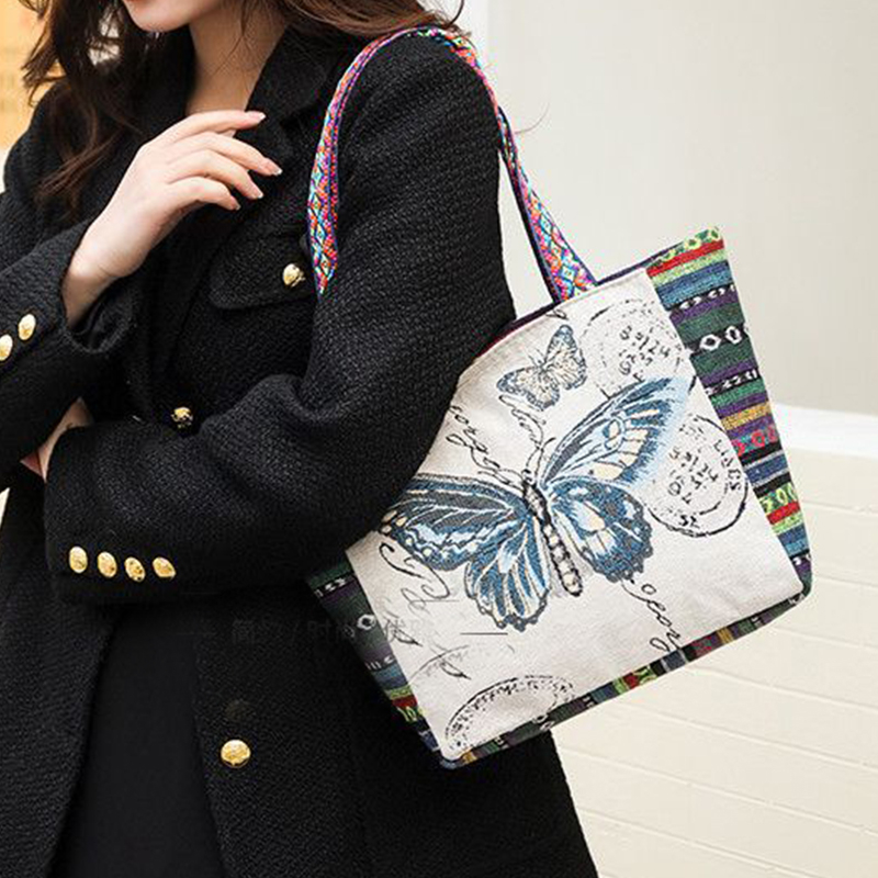 Nuovo stile etnico borsa a tracolla studente tela ricamo elefante borsa da ufficio borsa da viaggio casuale per le donne: Beige