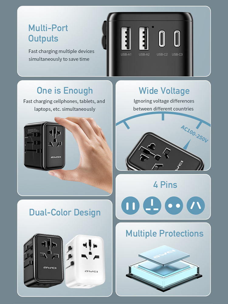 AWEI-Adaptateur de voyage universel GaN 35, 65W, 100W, USB et type C, charge rapide, prise internationale, EU, UK, USA, AUS