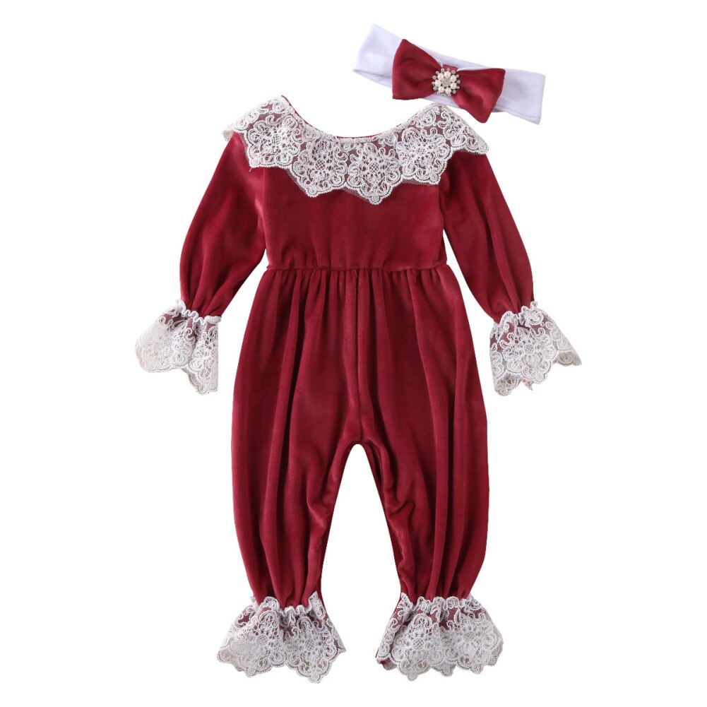 0-24M Säuglings freundlicher Baby Mädchen Jungen Strampler Samt Spitze Langarm Overall Kleidung Stirnband 2 stücke: Wein rot / 12m