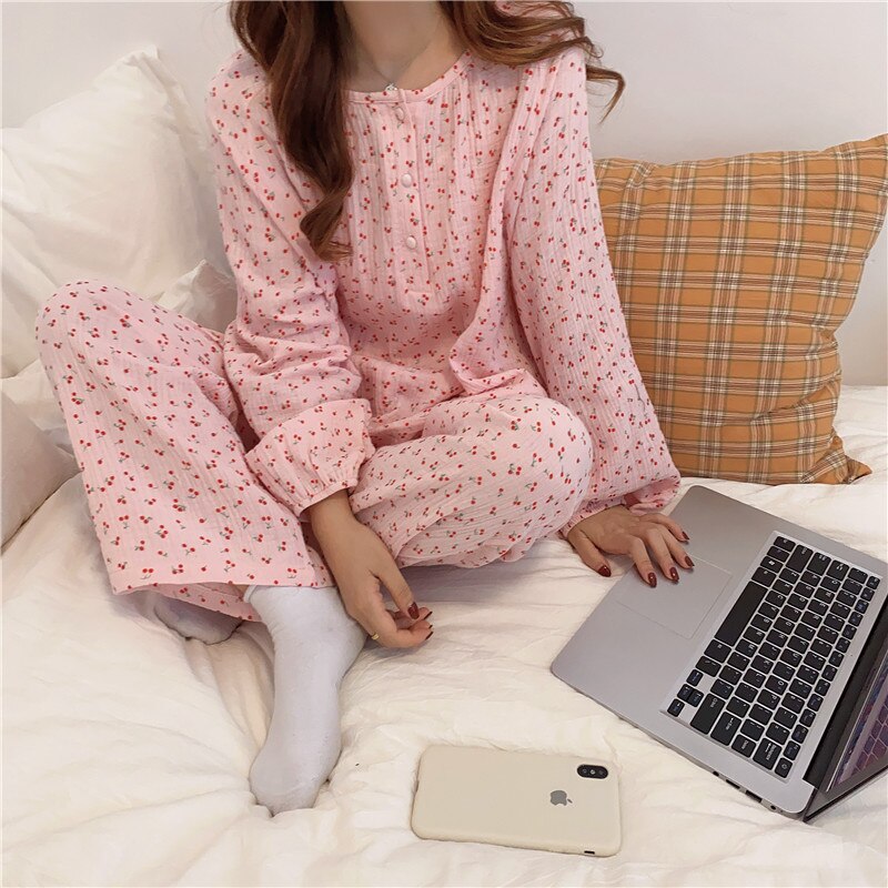 Pyjamas bomuld kvinder kirsebær print nattøj langærmede toppe+bukser 2 stk hjemmetøj løs o-neck pullover pyjamas komfortabel  s1027
