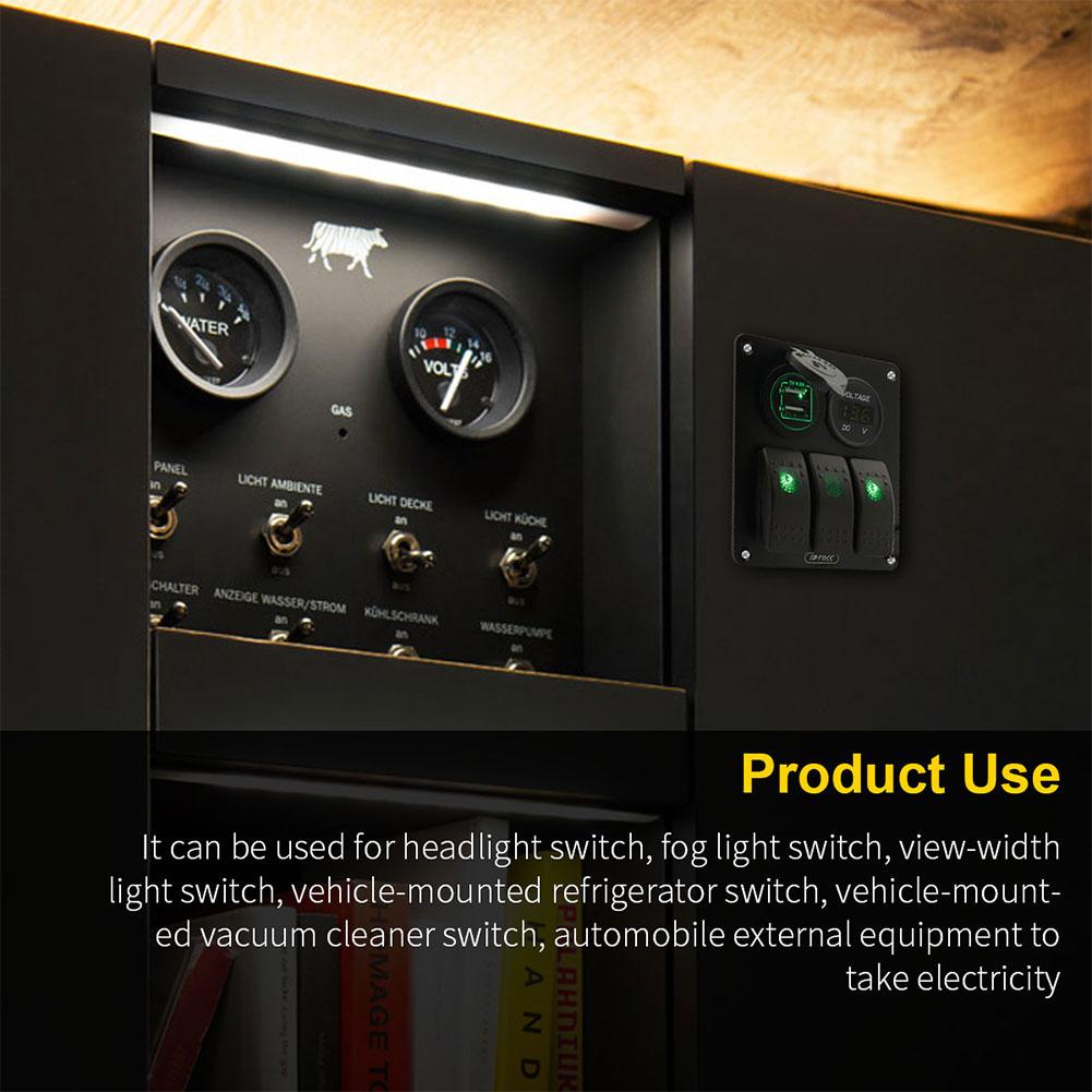 3 Gang 12V/24V Inline Fuse Box LED Switch Panel Dual USB Car Boat Truck Camper Digital Voltage Display Blue/Green LED Light