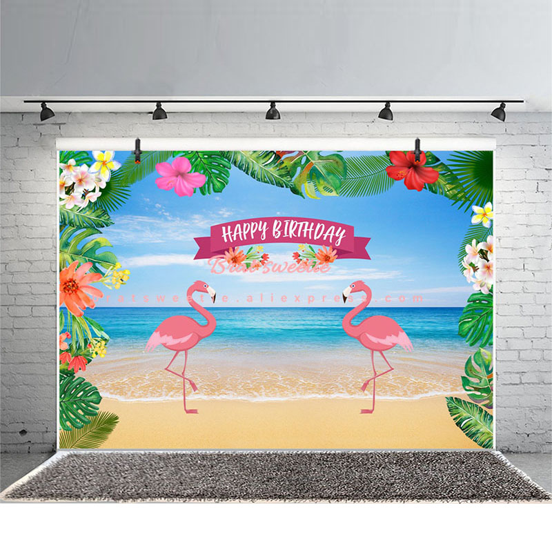 Telones de fondo de feliz cumpleaños de 7 x 5ft pulgadas con flamencos, decoraciones para fiesta hawaiana, vinilo, playa, fondo tropical, fondo fotográfico de pared aloha