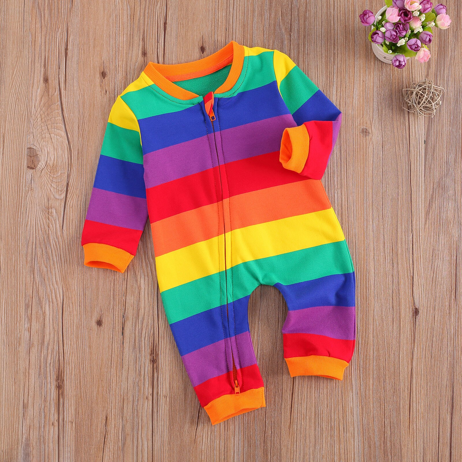 Peuter Pasgeboren Rainbow Stripped Romper Baby Baby Jongens Meisjes Lange Mouwen Ronde Hals Rits Sluiting Jumpsuit Kid Casual Stijl