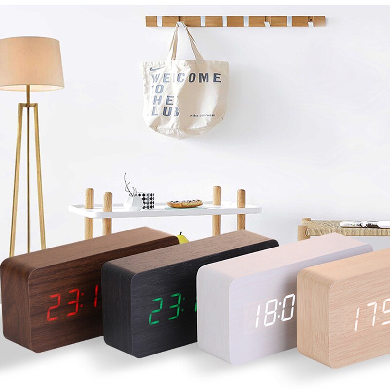 Wekker Tafel Klok Led Digitale Houten Usb/Aaa Aangedreven Bureauklok Temperatuur Vochtigheid Voice Control Elektronische Home Decor
