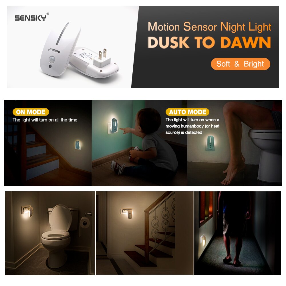 Sensky 110V 220V Pir Motion Sensor Led Nachtlampje 2 Modus Kids Draadloze Muur Nacht Lamp Voor Kid slaapkamer