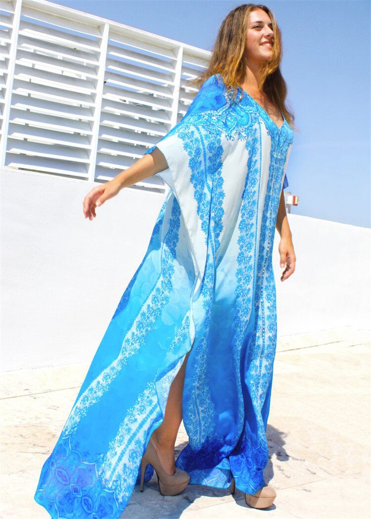 Bohemian Beach Dress Women Sea Blue Printed Kaftan Robe Maxi Bikini Cover Up Cotton Tunic Oversize Batwing Sleeve Swim Suit