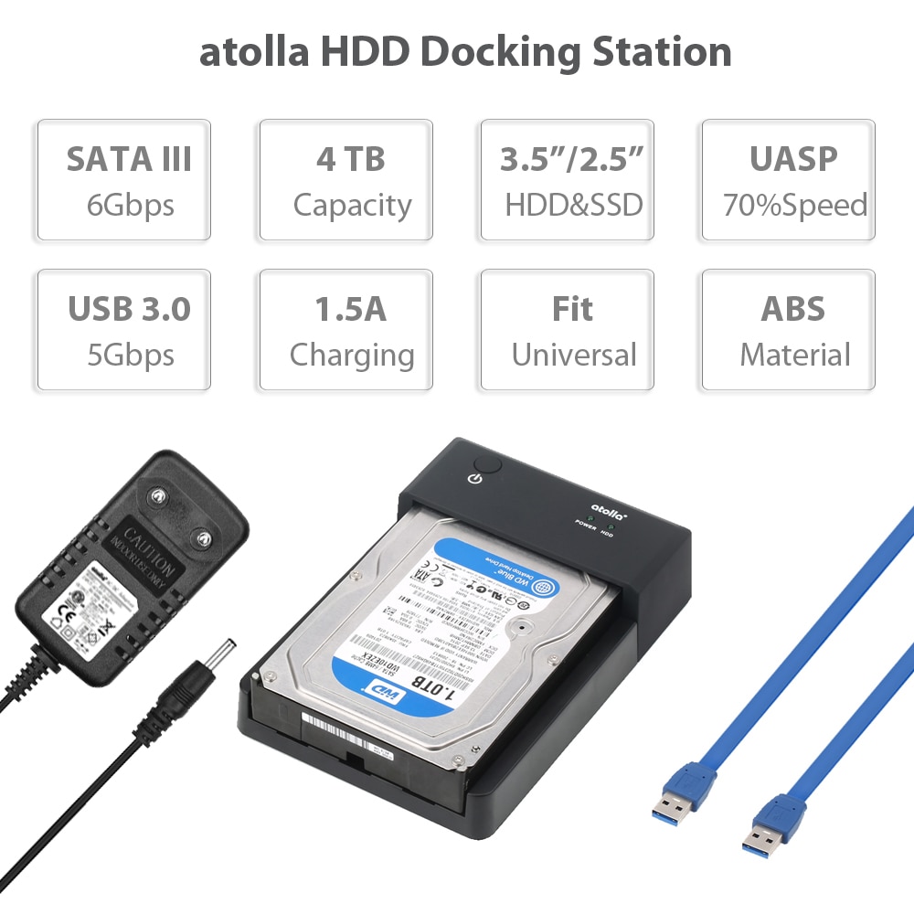 atolla SATA to USB 3.0 HDD Enclosure External Hard Drive Docking Station for 2.5 3.5 inch HDD/SSD with 2 Data/Charging USB Port