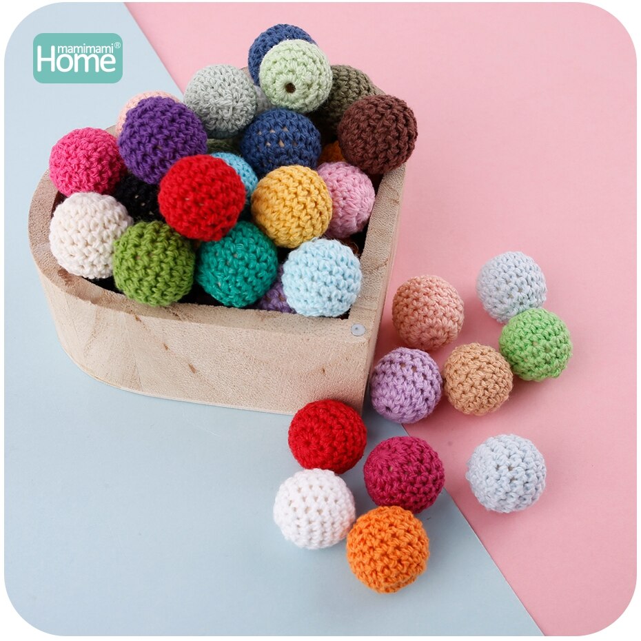 MamimamiHome 50 stk/partij Ronde Houten Kralen Gehaakte Kleur Mix Bal 16-20mm Hout Bijtring Decoratie Baby Rammelaar Speelgoed accessoires