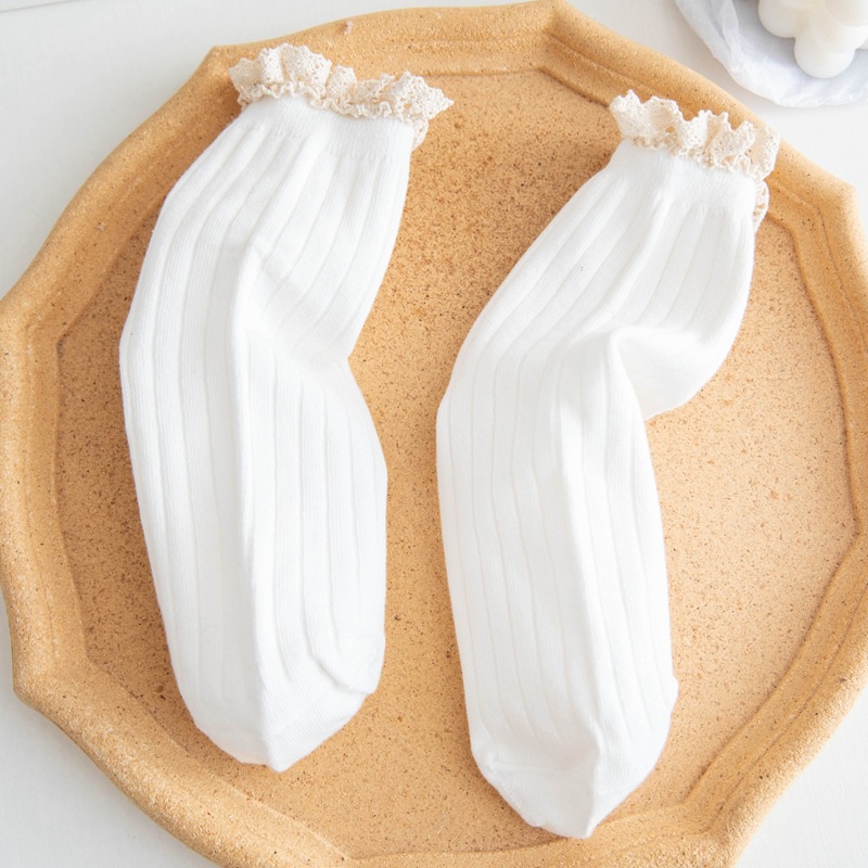 Japanese Style High School Students Loose Long Socks Solid Lacework Frilly Ruffle Socks Sweet Girls Kawaii Cute Woman Socks Sox: White
