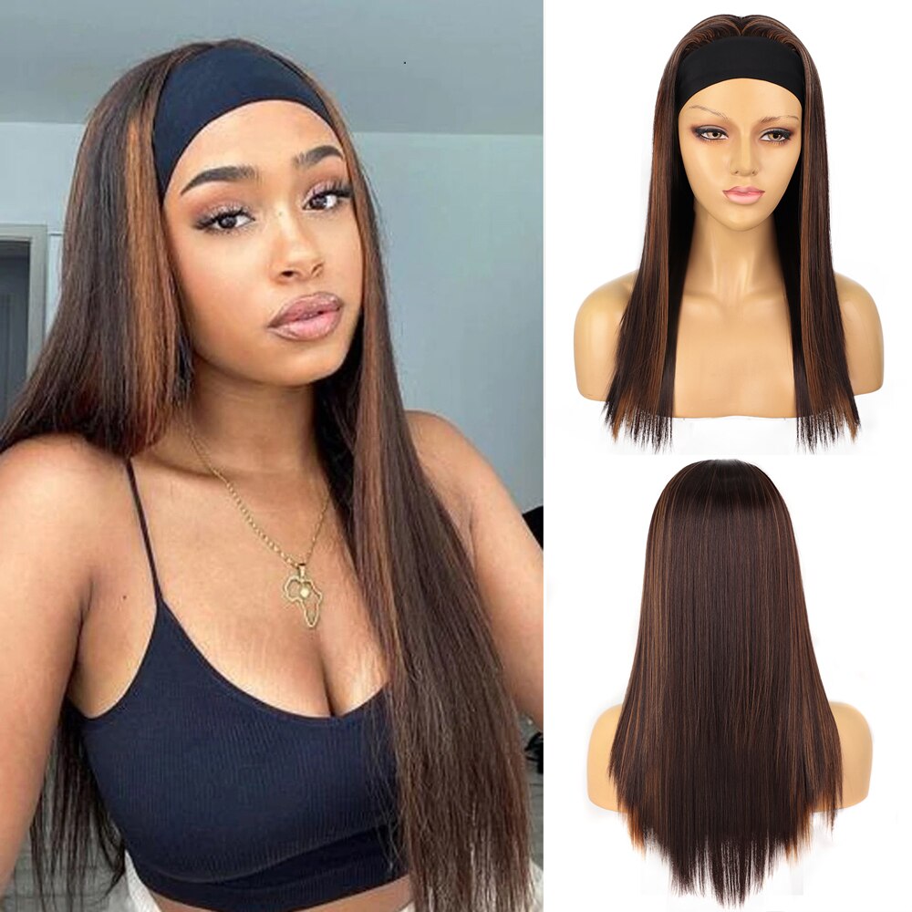 Stamped Glorious Synthetic Headband Wig Black Wig Long Straight Hair Heat Resistant Fiber Synthetic Wigs for Black Women: black brown wig