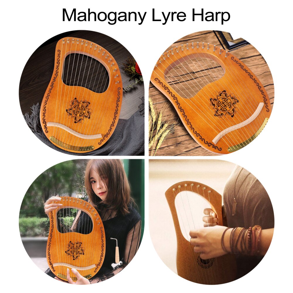Lyre Harp 16 Metal Strings Handheld Harp Mahogany Body String Instrument
