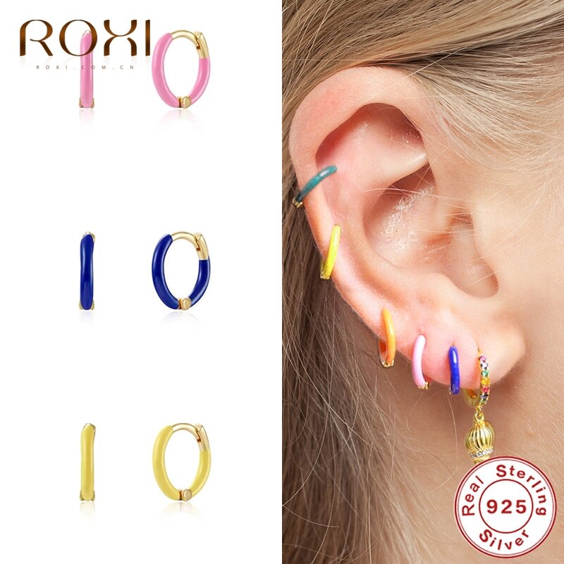 Roxi 925 Zilveren Vrouwen Ronde Oorbellen Kleurrijke Enamel Circle Huggie Ear Piercing Oorringen Sieraden Accessoires Pendientes