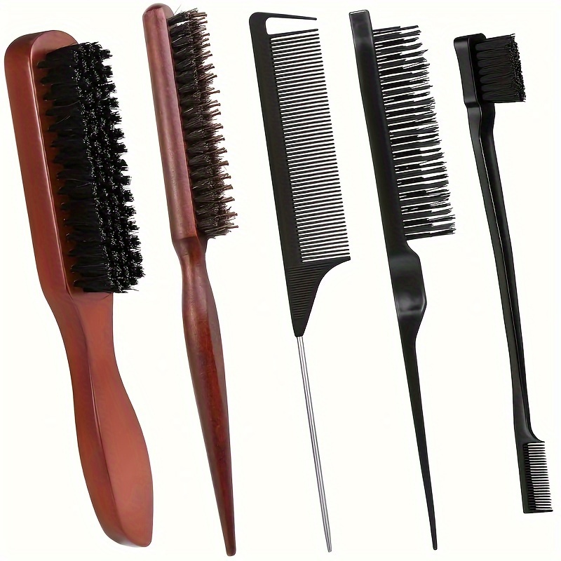 Juego de cepillos para el cabello con cerdas de jabalí de 4/5 piezas, kit de peinado con control de bordes unisex para untar y alisar la espalda, cabello rizado y normal: Negro