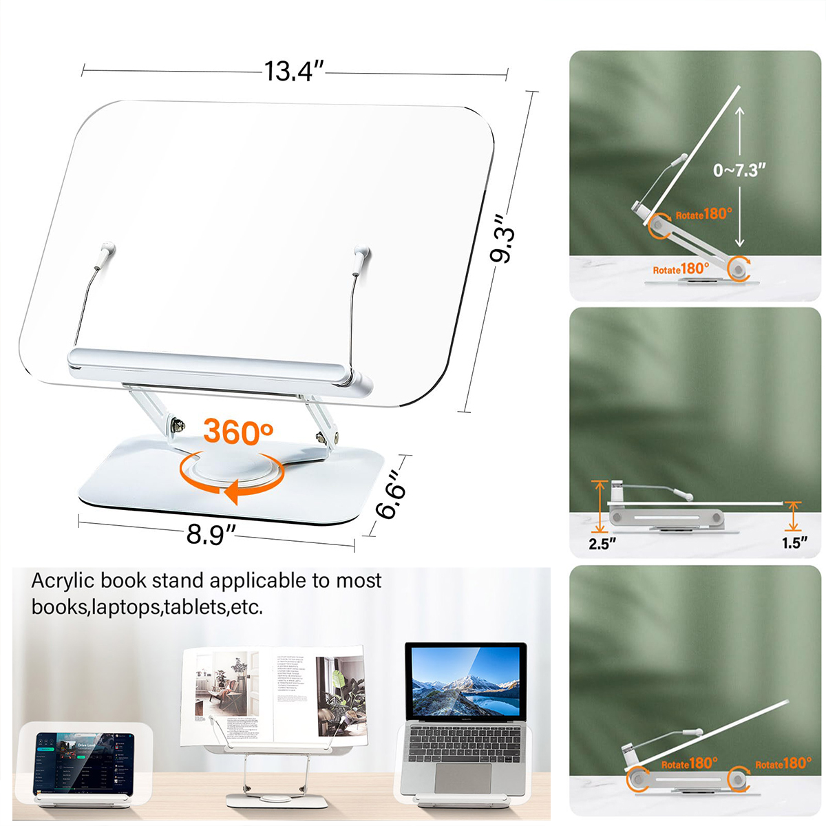 Laptopställ för macbook air pro, hopfällbar hållare med 360 ° roterande bas, vertikalt, skalbart, justerbart stöd, surfplattestöd