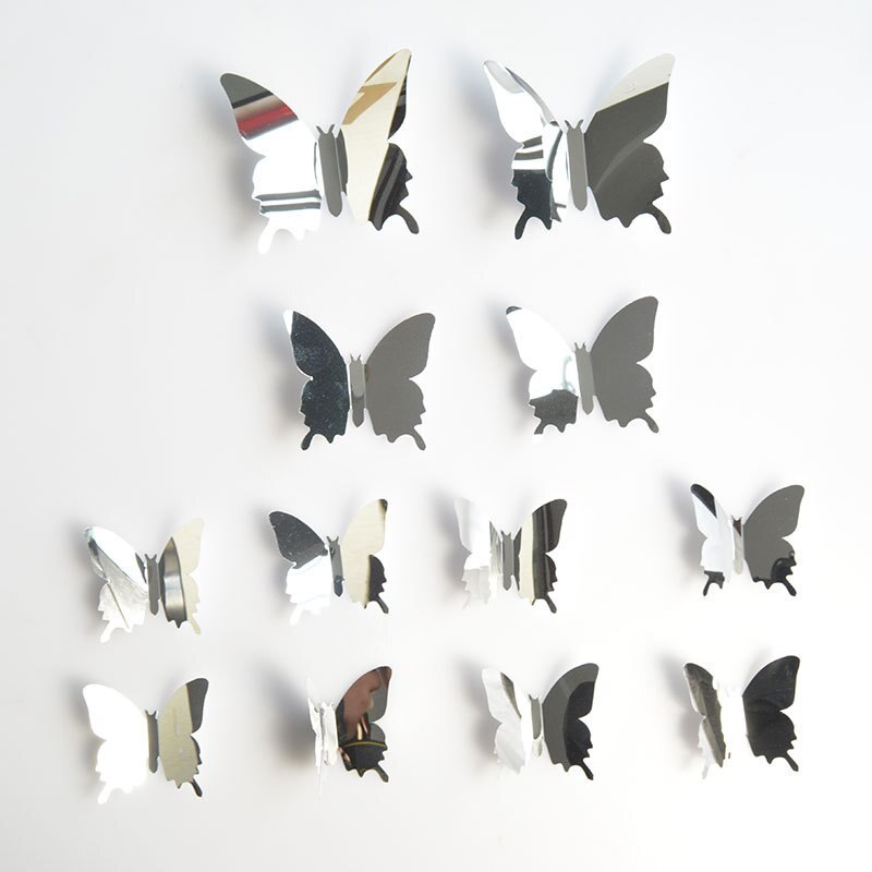 12 stk 3d spejl sommerfugle væg klistermærker soveværelse stue studie boligindretning akryl sommerfugl vægoverføringsbillede diy kunstindretning: Sølv